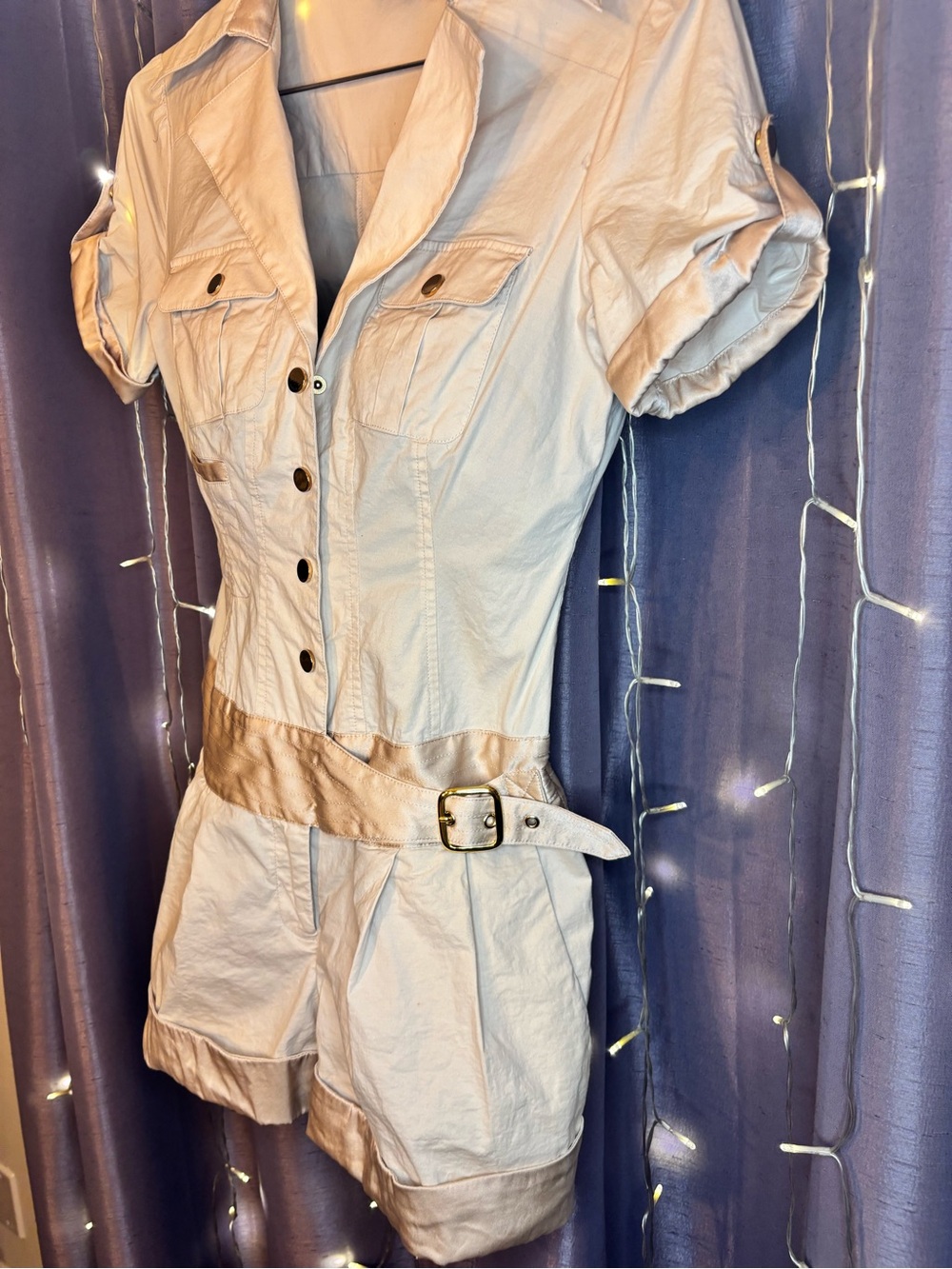 Bebe XS Beige Utility Romper - Short Sleeve Belted Safari Jumpsuit